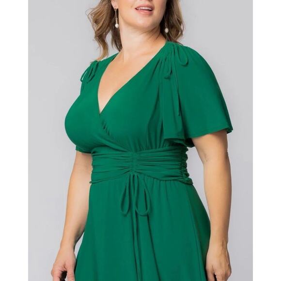 Kiyonna Dress Green Jemma Ruched Tie Style 2X Feminine Christmas Flutter Sleeve - Picture 3 of 9